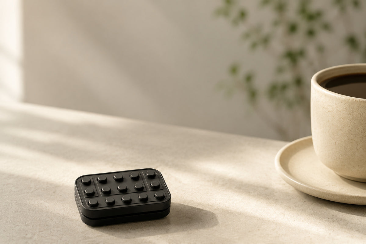 Brix fidget slider on a pale desk beside a cup and saucer, with green foliage in the background.