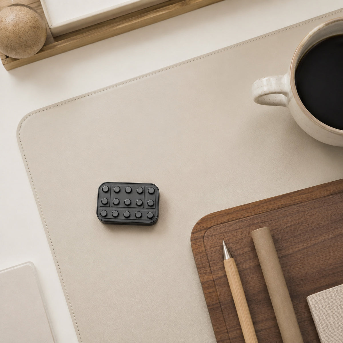 Brix fidget slider on a desk mat beside a cup and wooden tray.