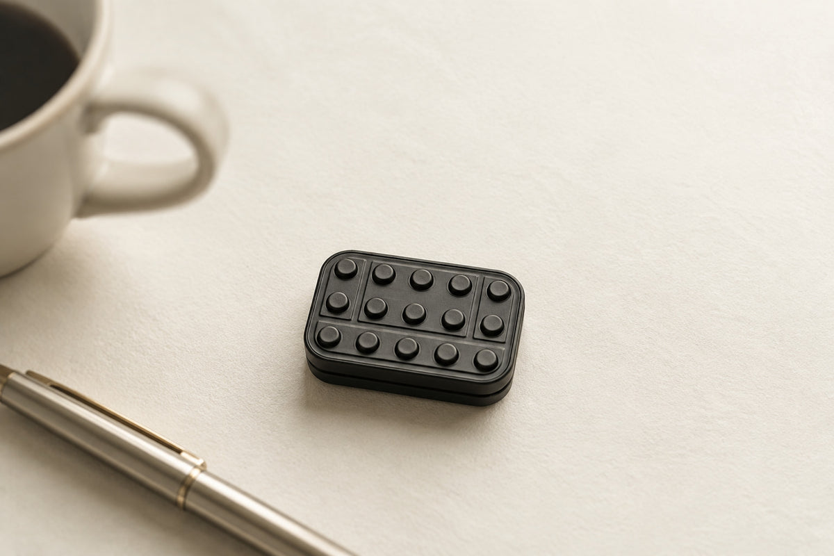 Brix fidget slider on a light desk surface beside a pen and cup.