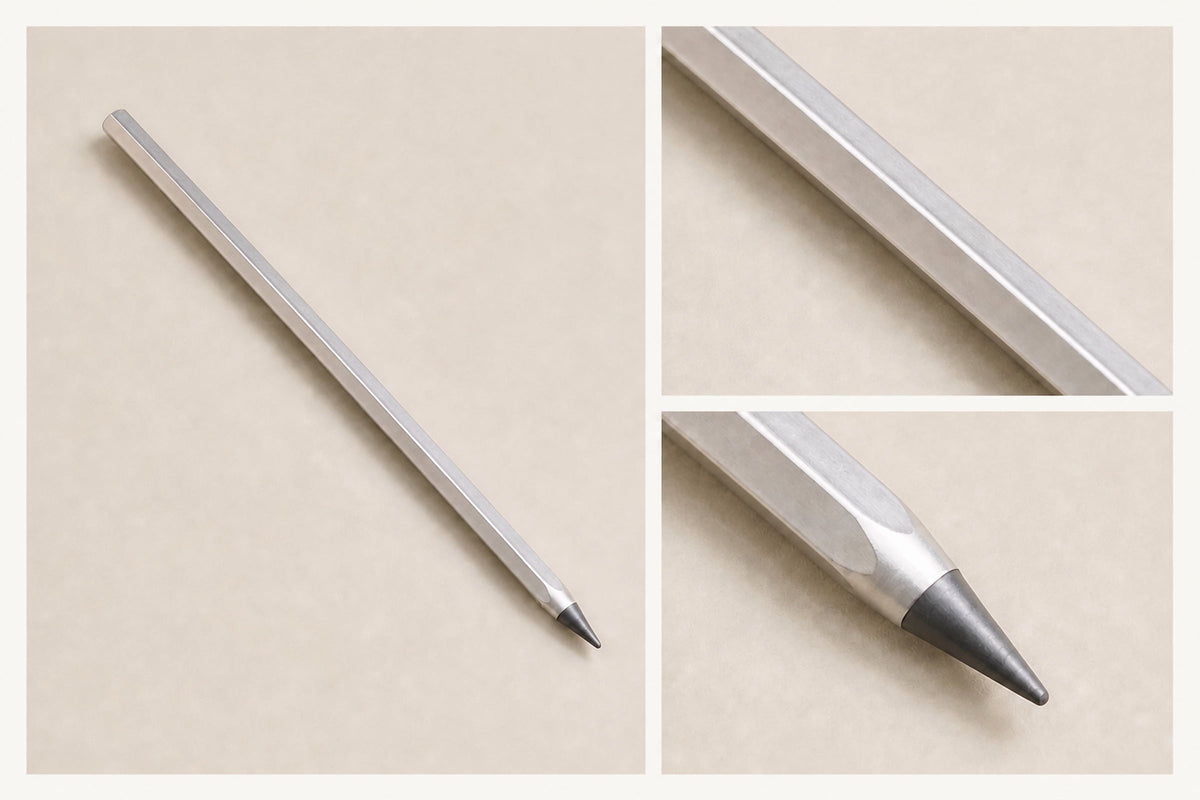 Three views showing Facet’s full profile, flat barrel faces, and graphite tip