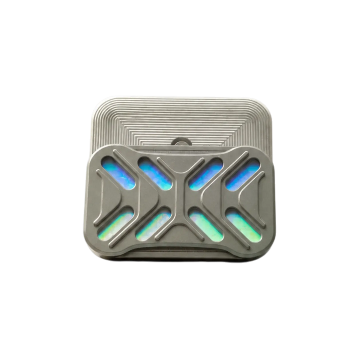 Gleam magnetic slider with its patterned back plate offset behind the iridescent face.