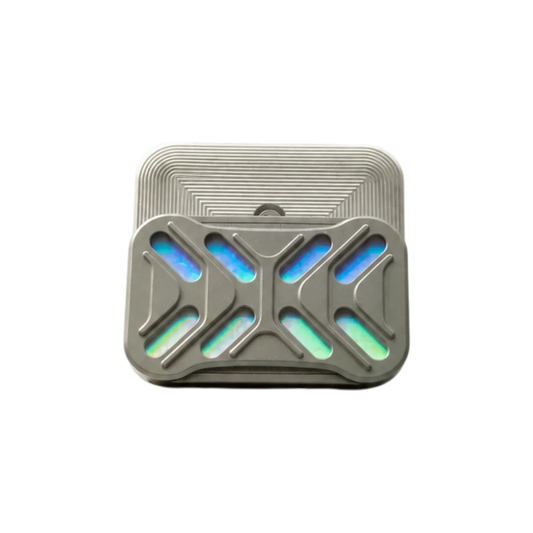 Gleam magnetic slider with its patterned back plate offset behind the iridescent face.