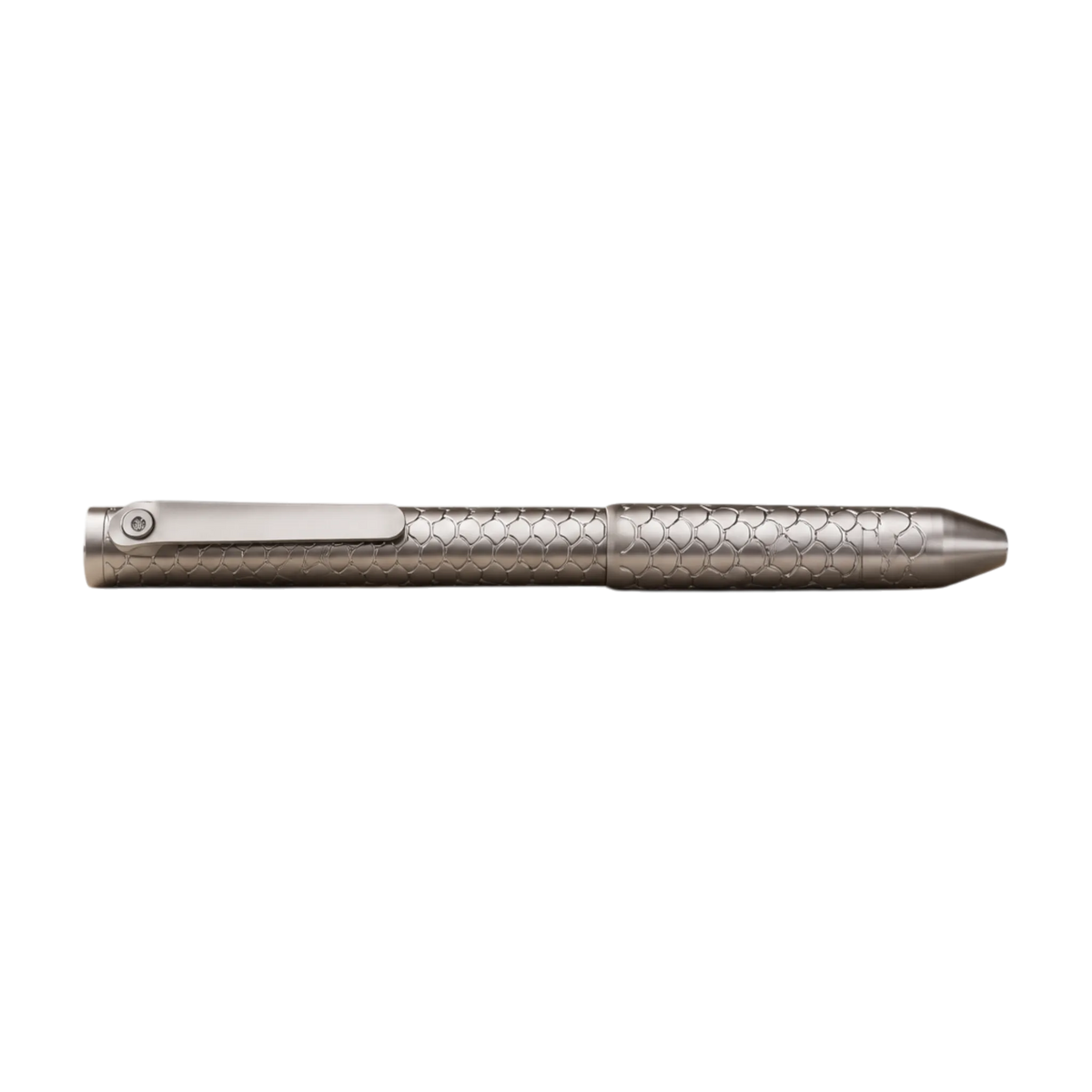 Side view of Imbra, showing the straight pocket clip and fish-scale barrel
