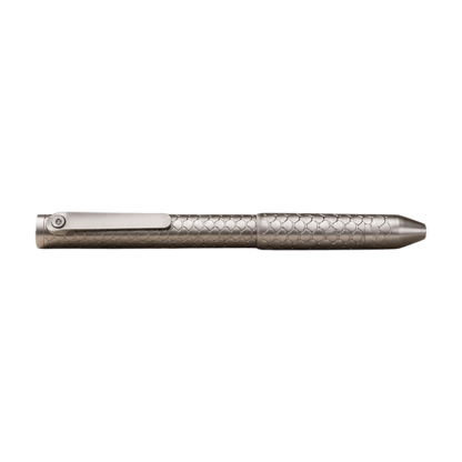 Side view of Imbra, showing the straight pocket clip and fish-scale barrel