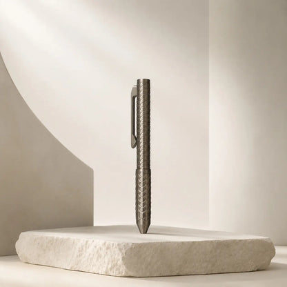 Imbra Twist Pen with a fish-scale barrel and pocket clip, displayed upright on a pale stone slab against a beige background.