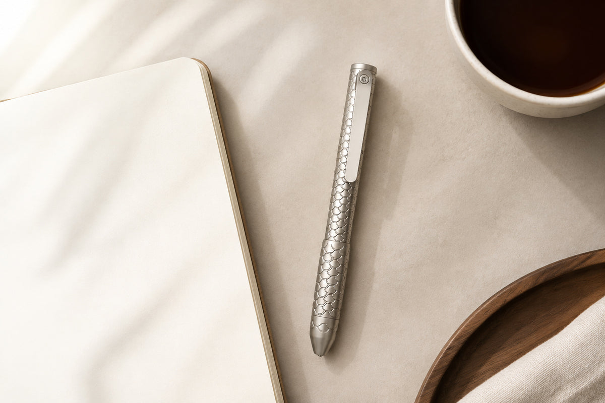 Imbra Twist Pen beside an open notebook and a cup on a light surface