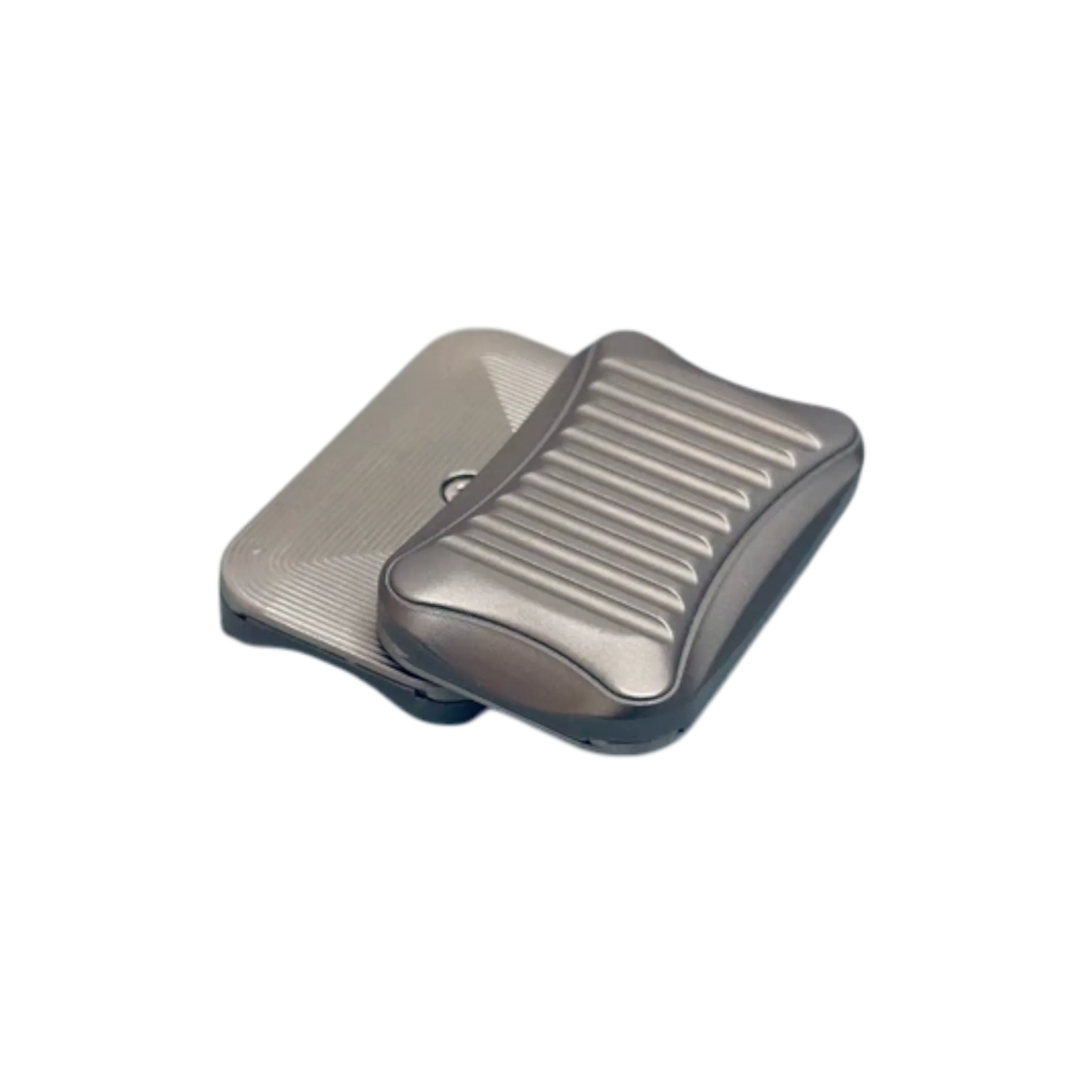 Stria magnetic fidget slider with offset plates showing broad grooves and fine lines.