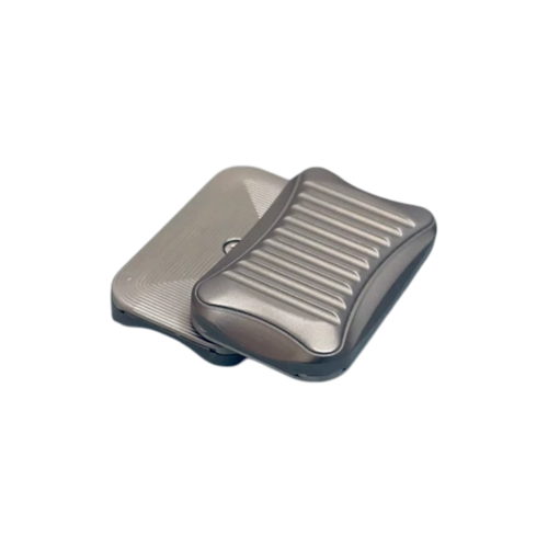 Stria magnetic fidget slider with offset plates showing broad grooves and fine lines.