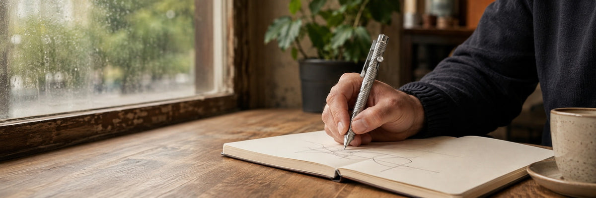 A hand holding the Whorl pen over an open notebook beside a window