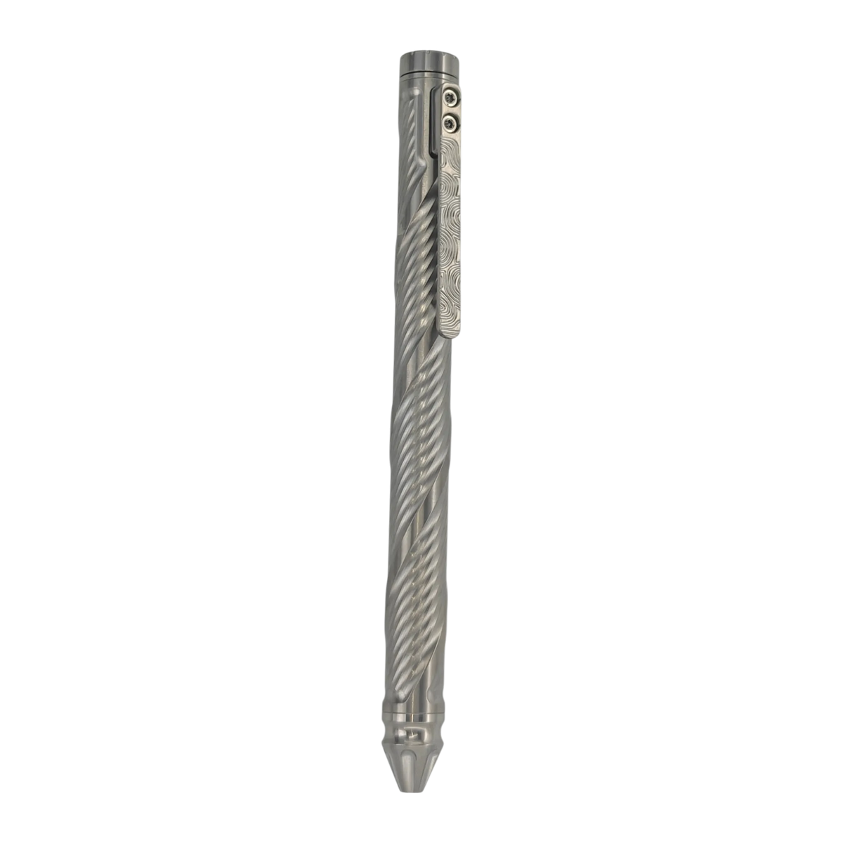 Whorl pen showing the curved clip pattern and spiral barrel grooves
