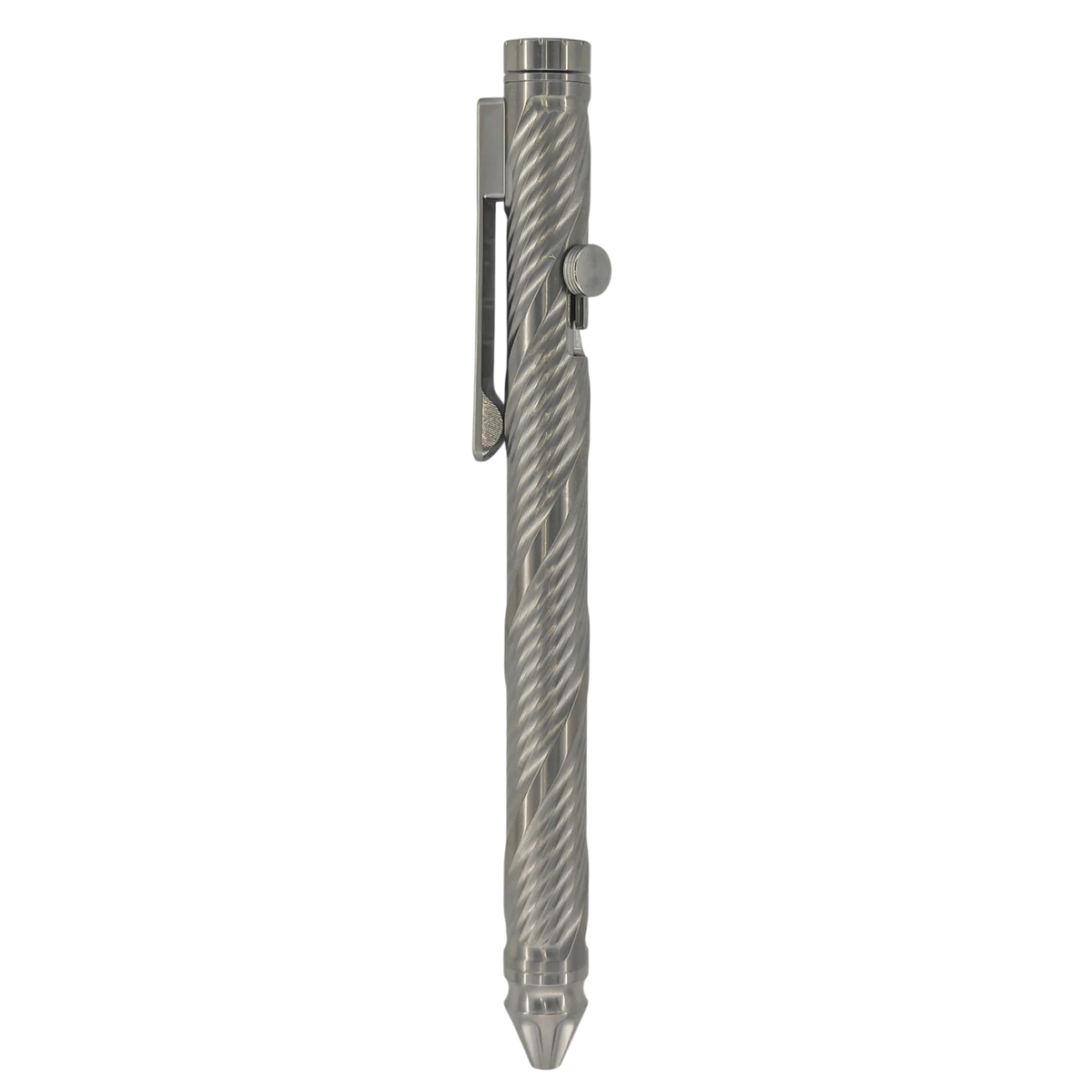 Whorl Bolt-Action Pen with Spinner, upright on white with a spiral barrel and pocket clip