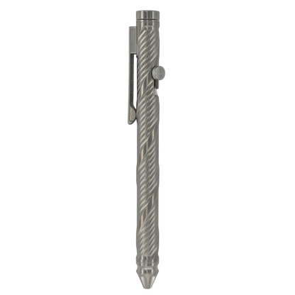 Whorl Bolt-Action Pen with Spinner, upright on white with a spiral barrel and pocket clip