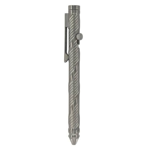 Whorl Bolt-Action Pen with Spinner, upright on white with a spiral barrel and pocket clip