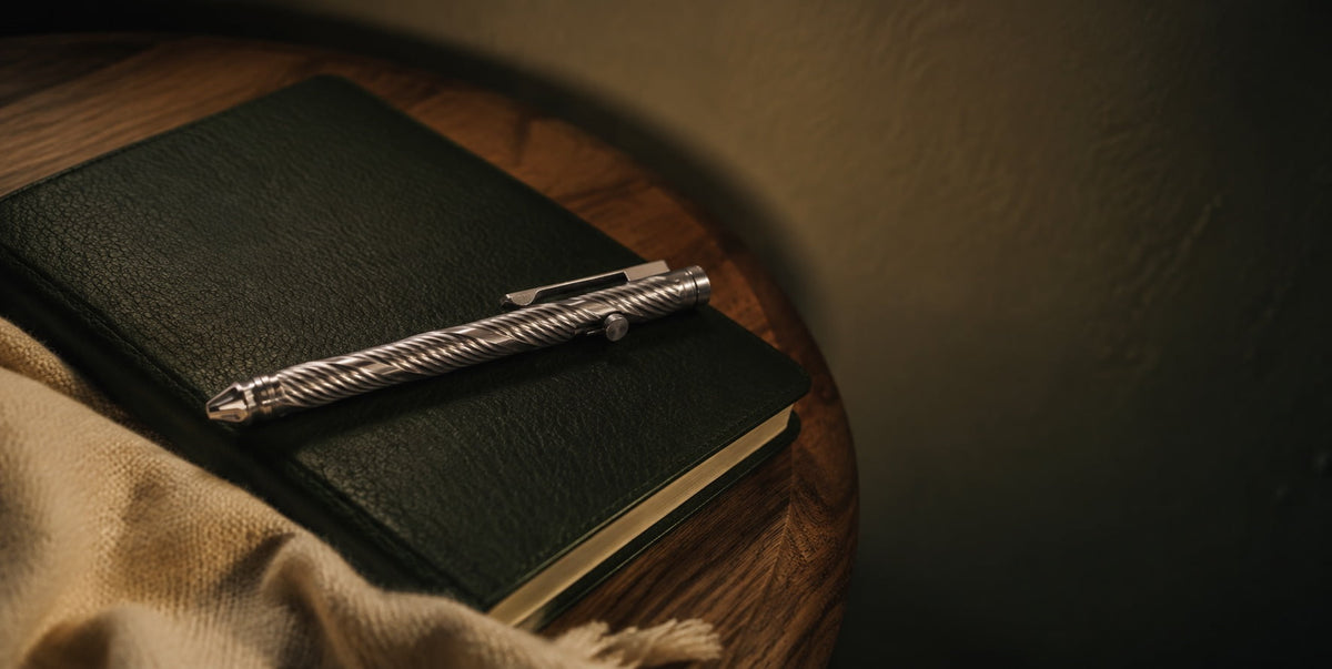 Whorl pen lying diagonally on a closed dark notebook