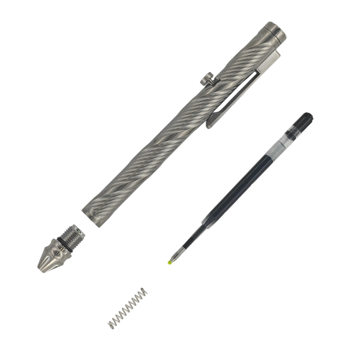 Whorl pen with the front tip assembly removed, beside an ink refill and spring